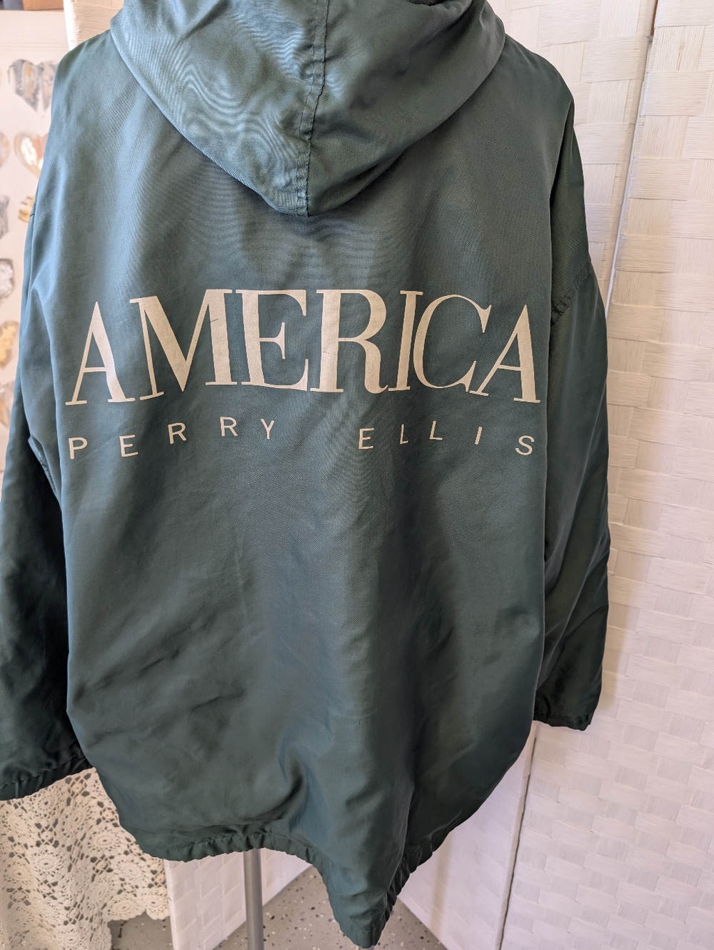 Perry ELLIS Vtg Coat Green Oversized Hooded Sluchy Bomber Windbreaker 1980 XL